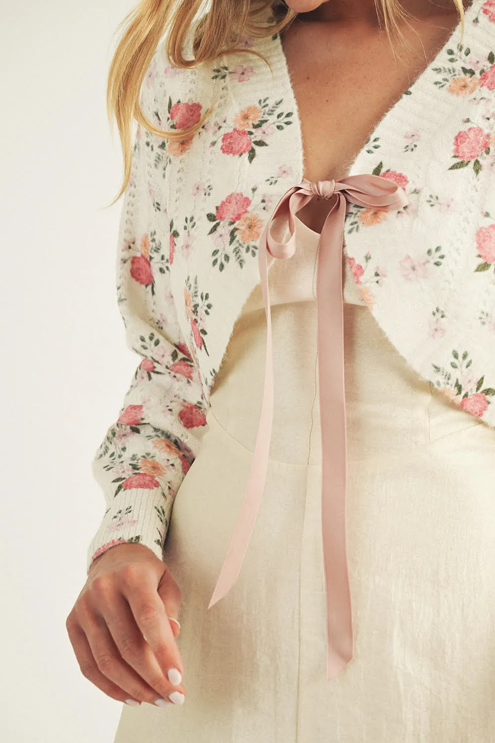 Cropped Floral Front Bow Tie Cardigan