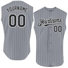 Custom Gray Black Pinstripe White Authentic Sleeveless Baseball Jersey