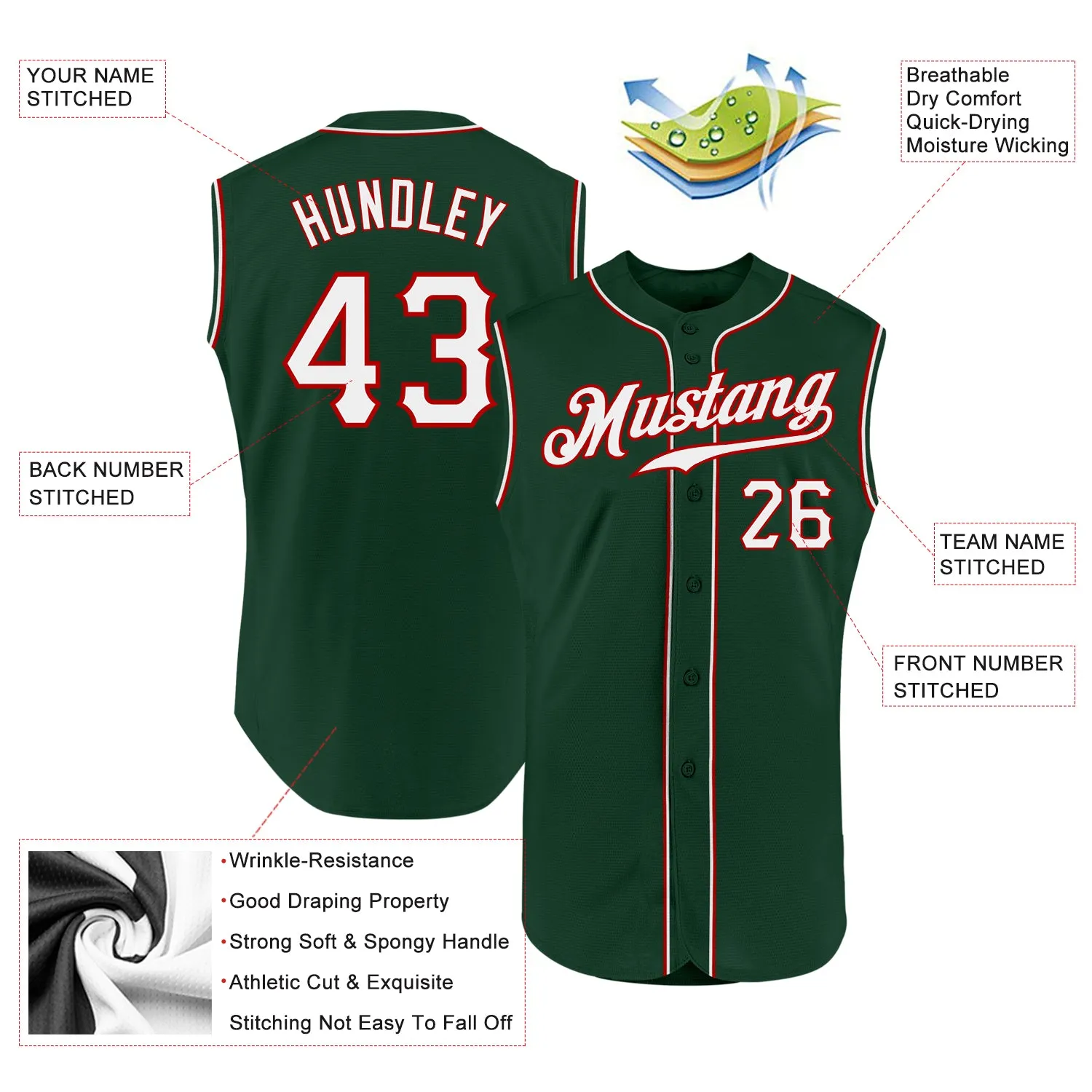 Custom Green White-Red Authentic Sleeveless Baseball Jersey