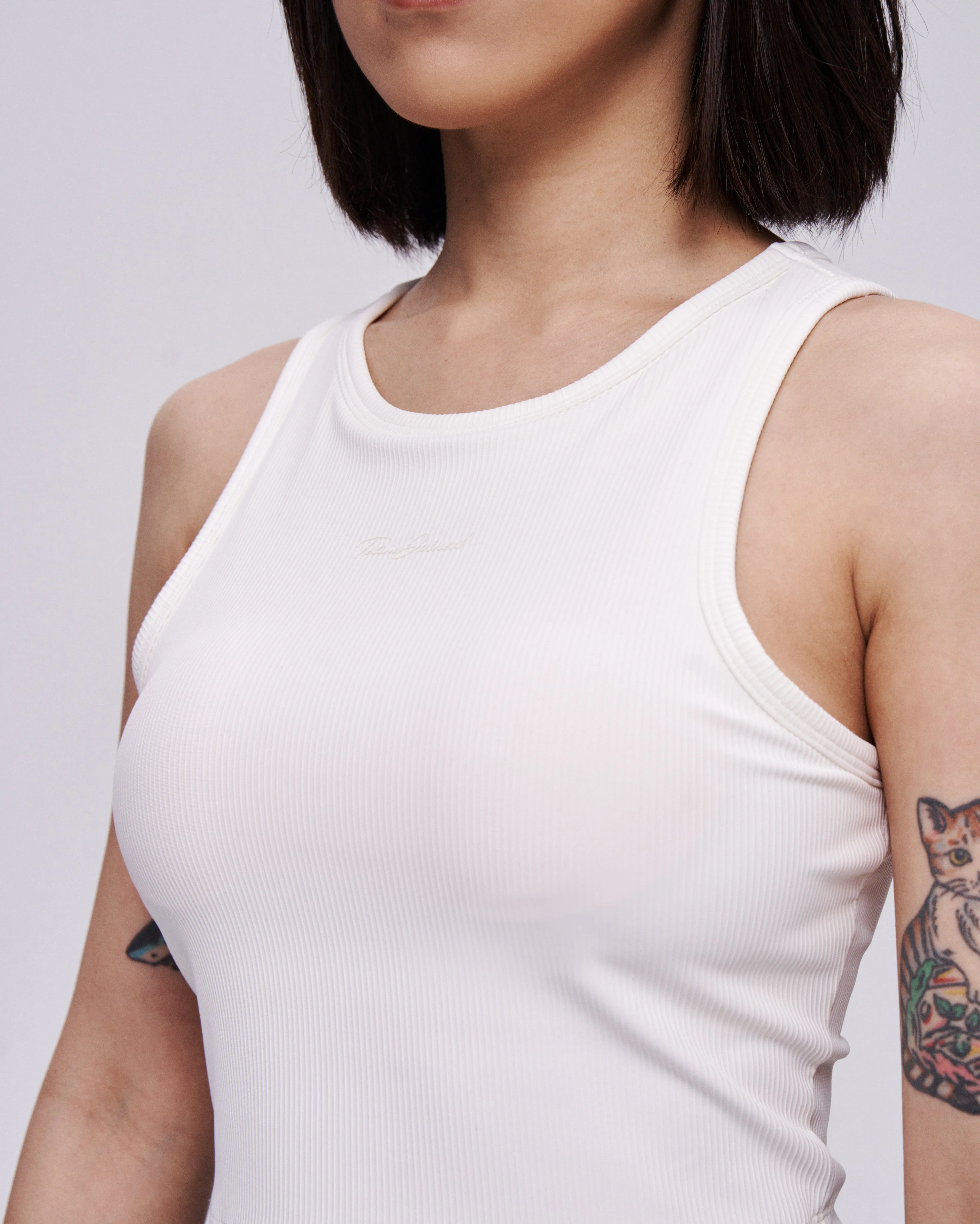 Cut-Shoulder Ribbed-Neck Bra Crop Tank