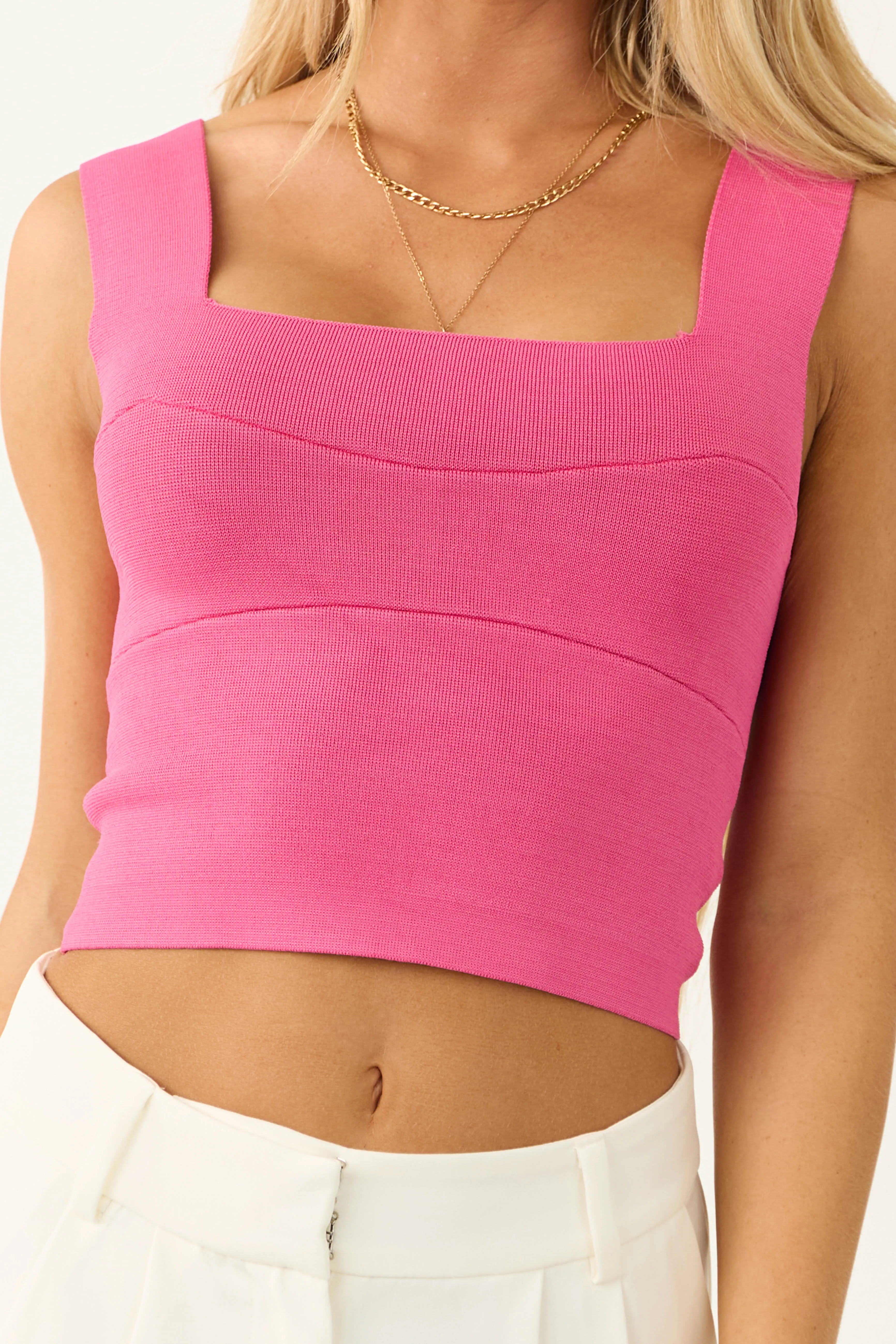 Deep Pink Square Neck Thick Knit Tank Top