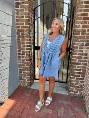 Denim Bow Pleated Sleeveless Romper