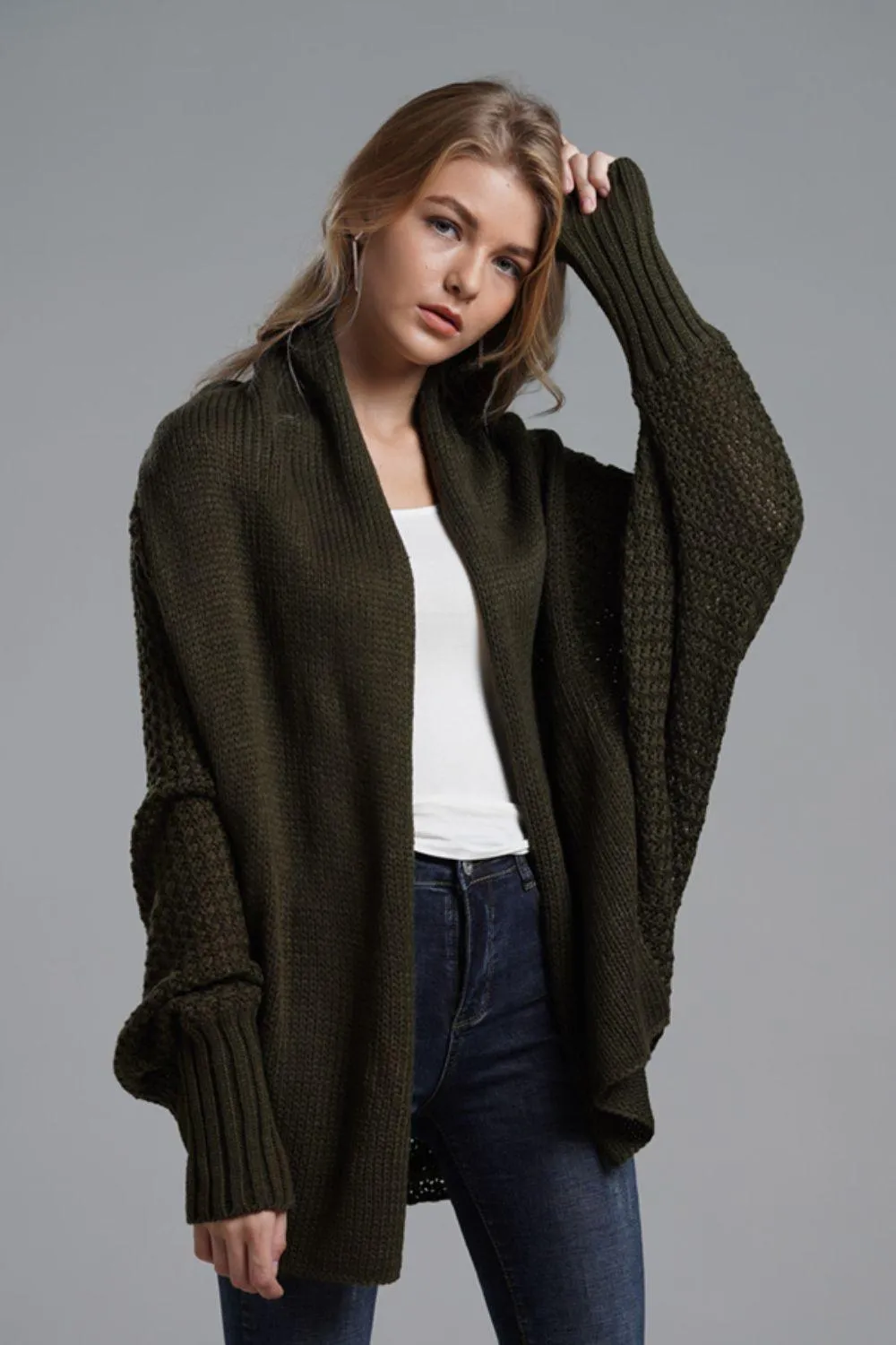 Dolman Sleeve Open Front Ribbed Trim Longline Cardigan