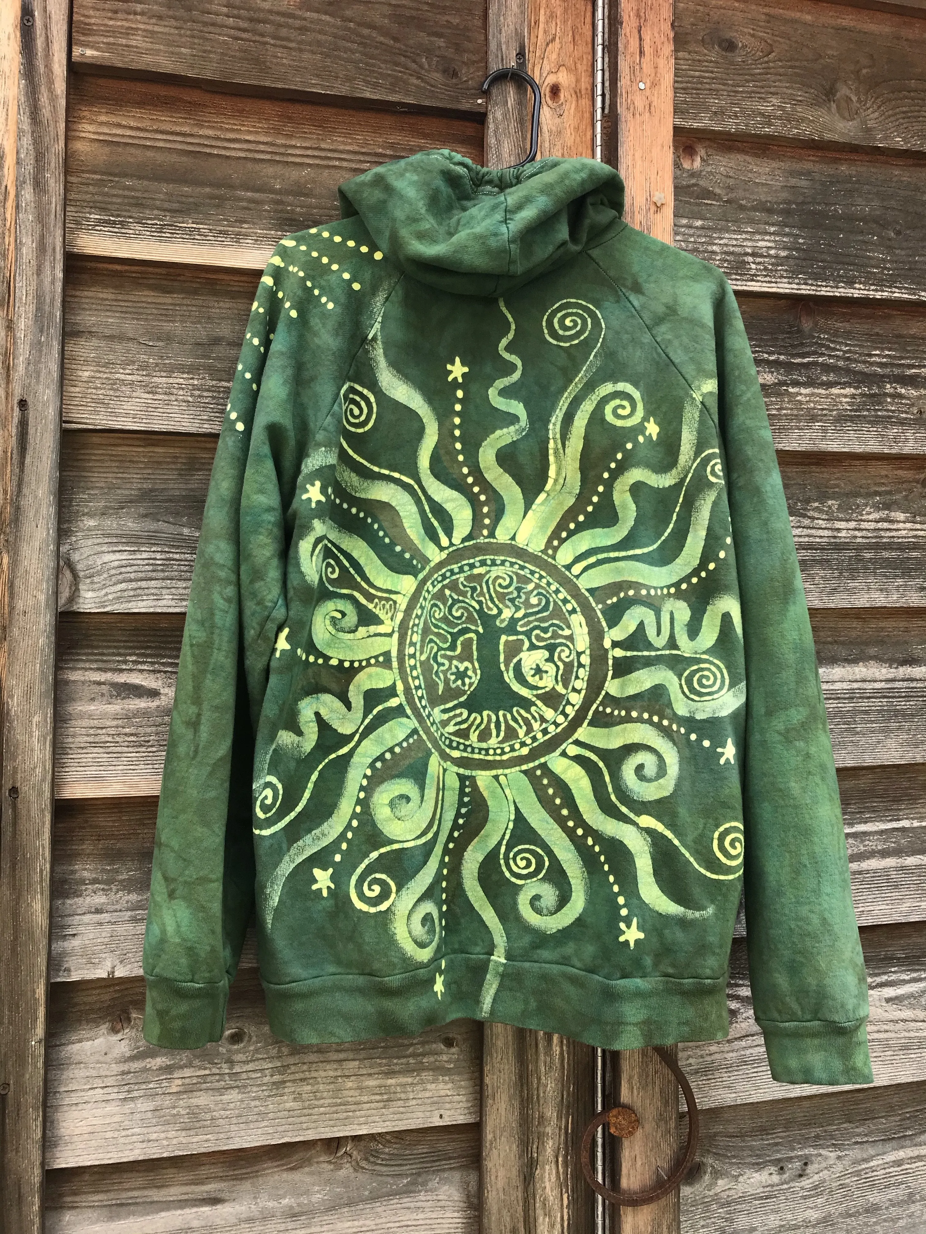 Electric Lime Tree Zipper Batik Hoodie - Handcrafted In Organic Cotton