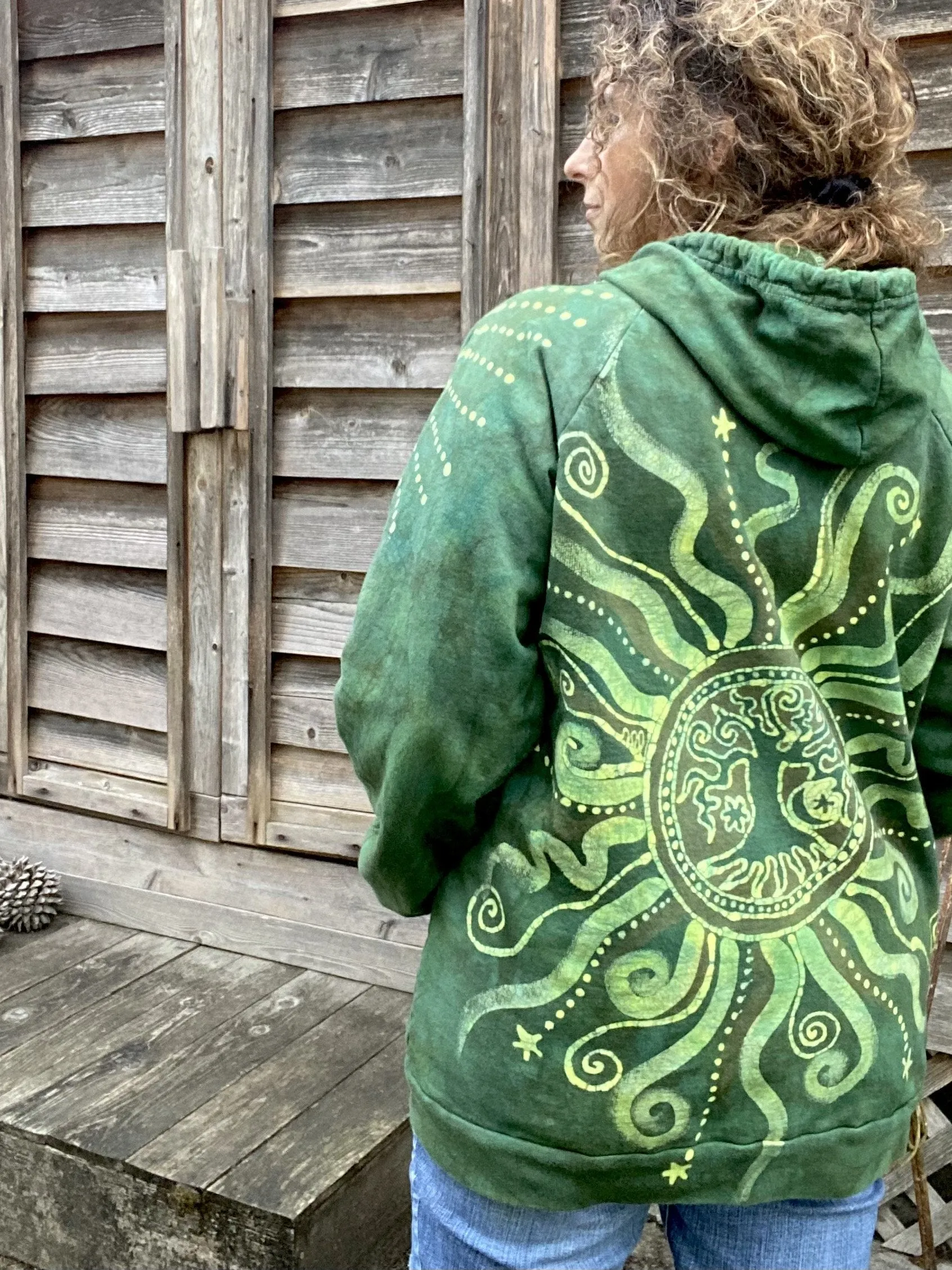 Electric Lime Tree Zipper Batik Hoodie - Handcrafted In Organic Cotton