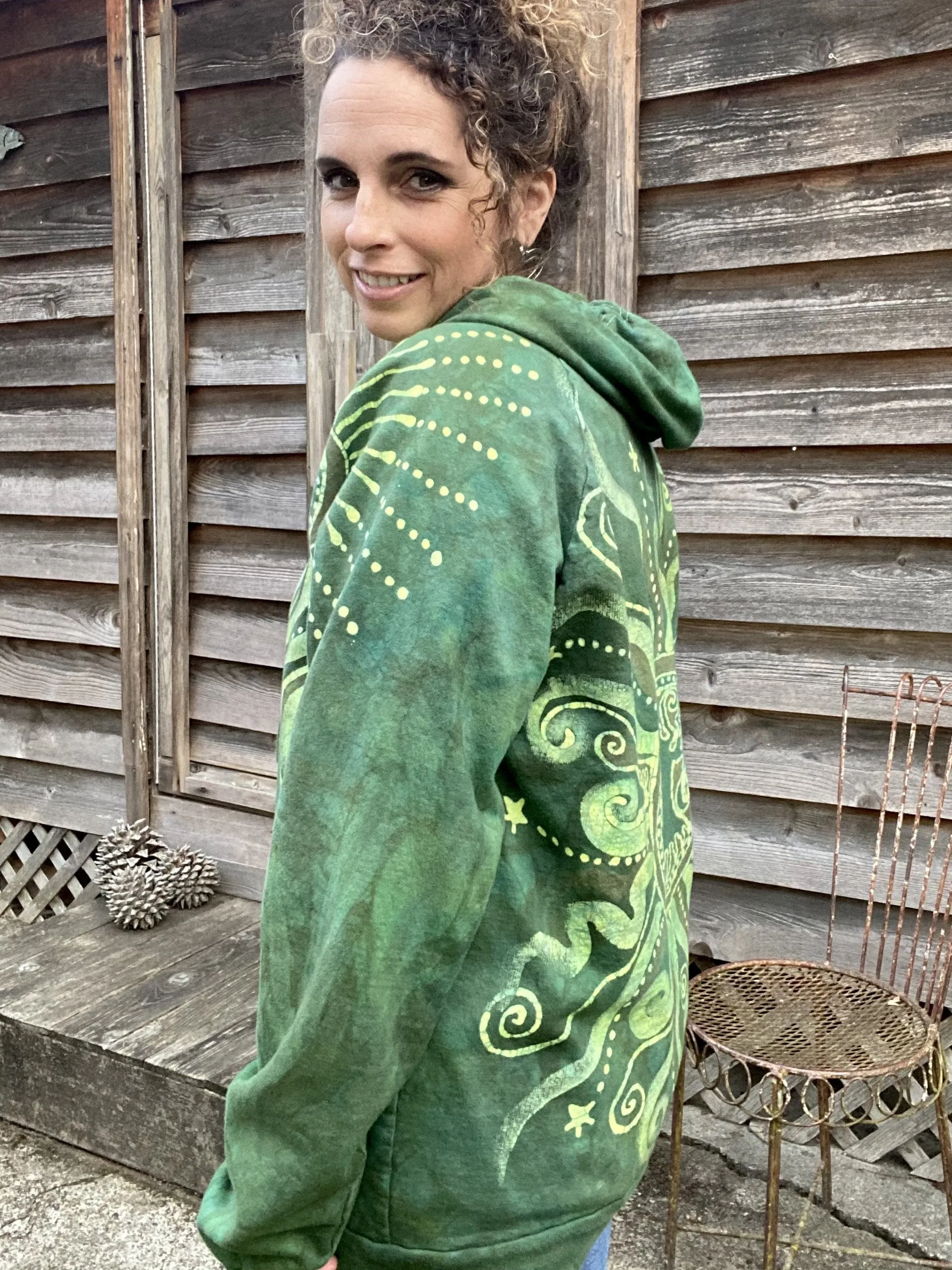 Electric Lime Tree Zipper Batik Hoodie - Handcrafted In Organic Cotton