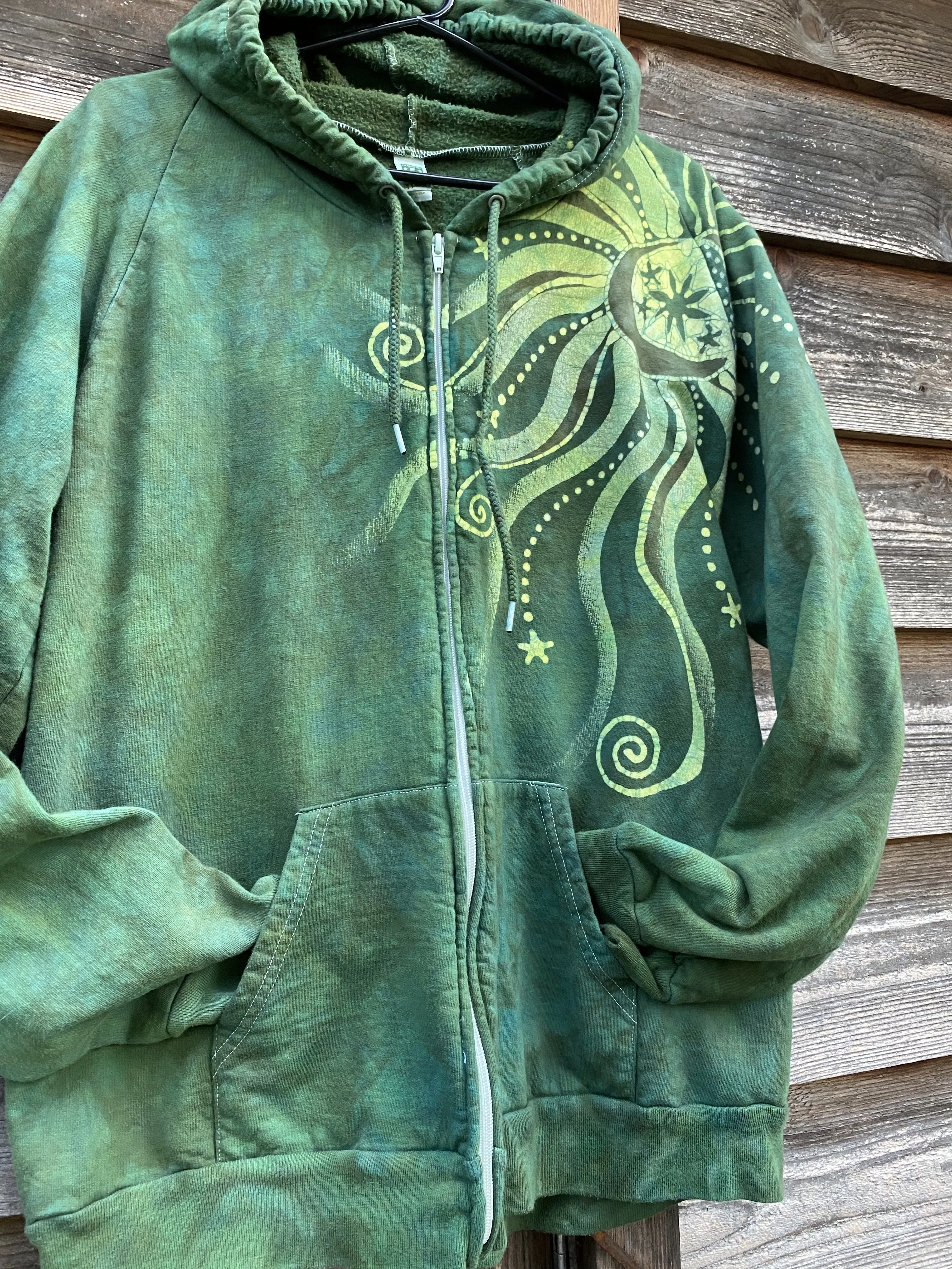 Electric Lime Tree Zipper Batik Hoodie - Handcrafted In Organic Cotton