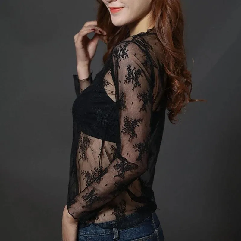 Elegant Lace Floral Turtleneck Top: Chic Black Bouquet Fashion - Elevate Your Style