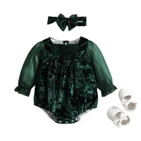 Emerald Green Velvet Bodysuit Romper for Baby Gilrs