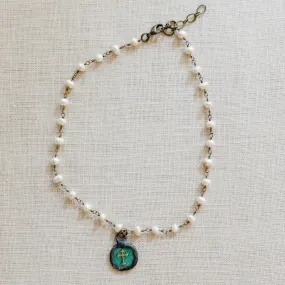 Erin Pearl Necklace | Freshwater Pearls & Antique Brass with Green Cross | By Pearly Girls