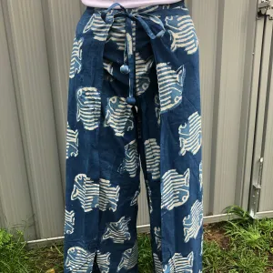 Fair Trade Ethical Cotton Mud Resistant Print Wrap Pants Fish Design