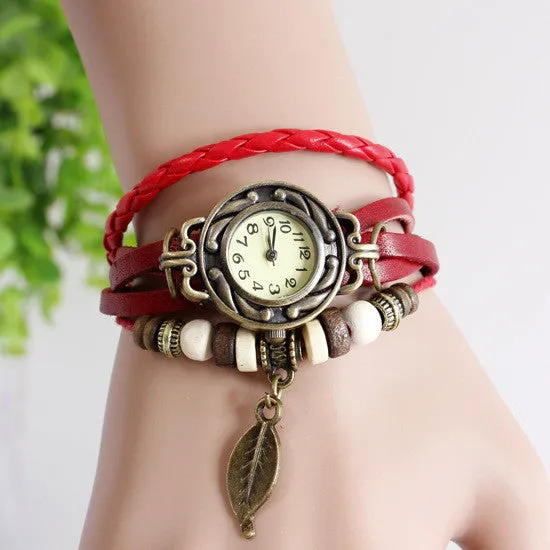 Fashion Casual Retro Reloj Pulsera Women Girl Hand knit Automatic Watch Leather Strap Leaves Bracelet Wrist Watches