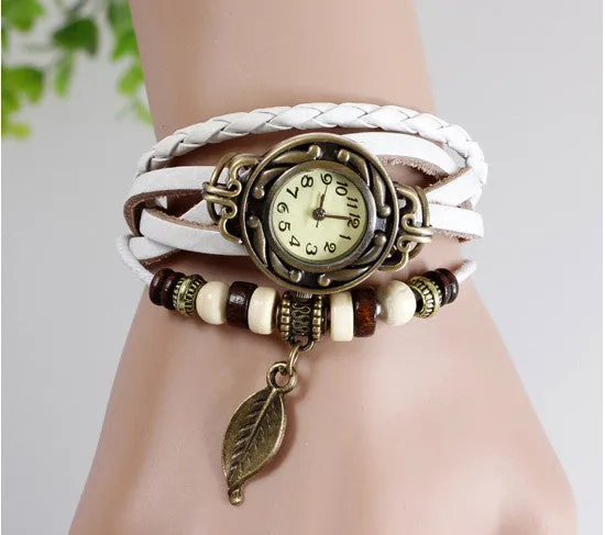 Fashion Casual Retro Reloj Pulsera Women Girl Hand knit Automatic Watch Leather Strap Leaves Bracelet Wrist Watches