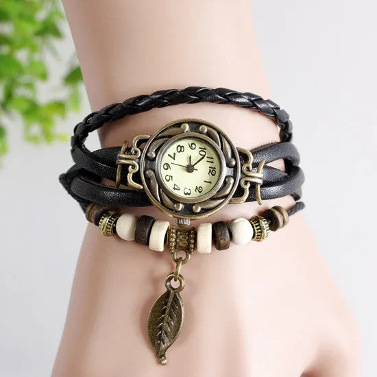 Fashion Casual Retro Reloj Pulsera Women Girl Hand knit Automatic Watch Leather Strap Leaves Bracelet Wrist Watches