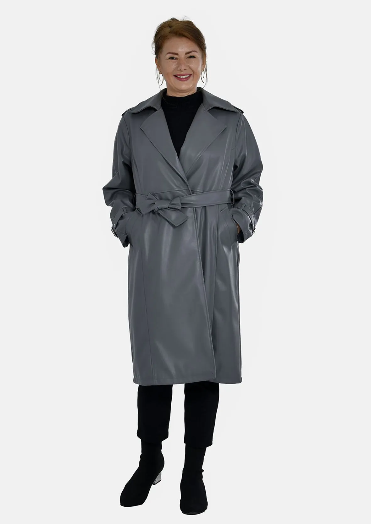 Faux Leather Coat With Tie Belt