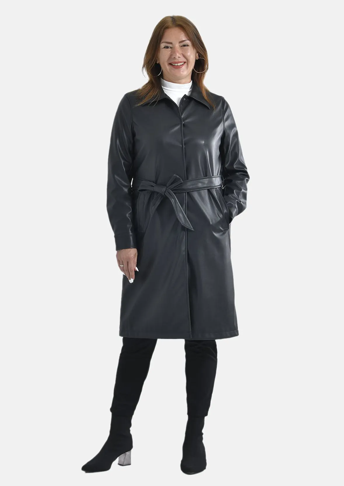 Faux Leather Coat With Tie Belt