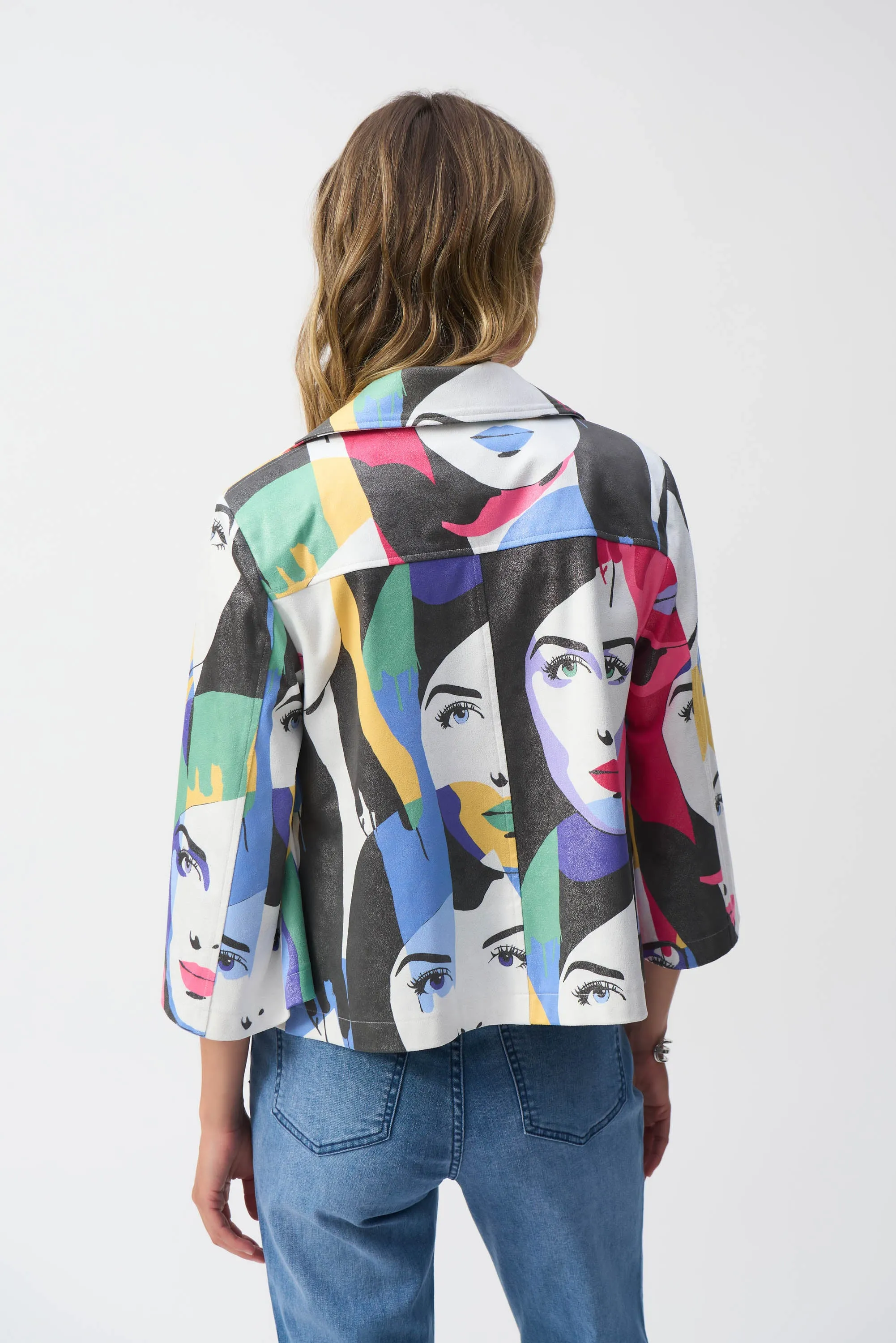 Faux Suede Face Print Trapeze Jacket, Vanilla/Multi