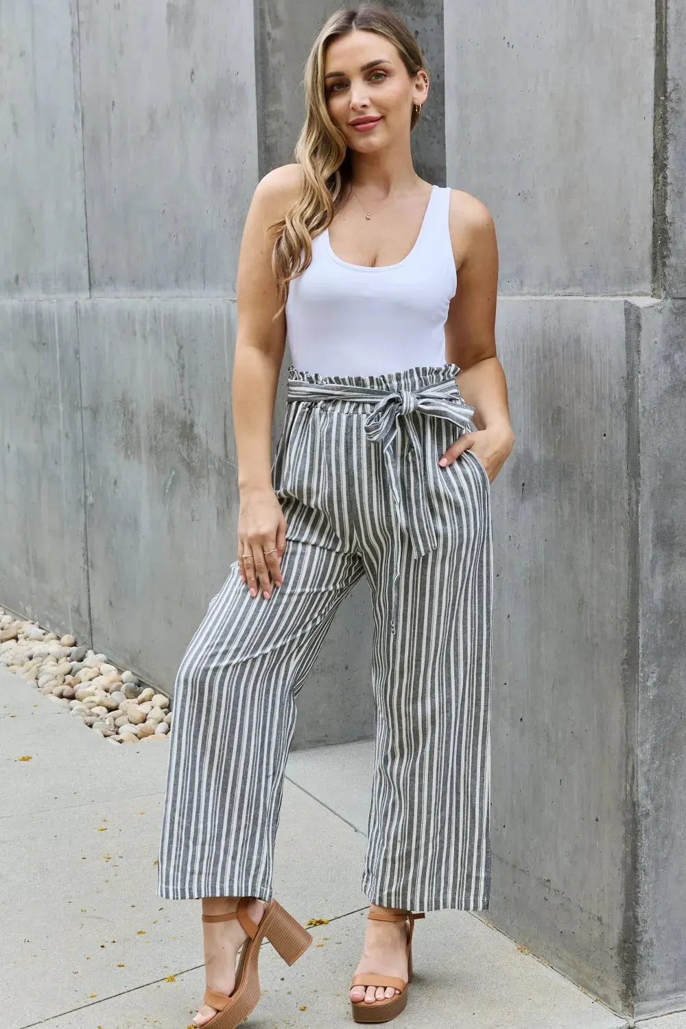 Find Your Path Full Size Paperbag Waist Striped Culotte Pants