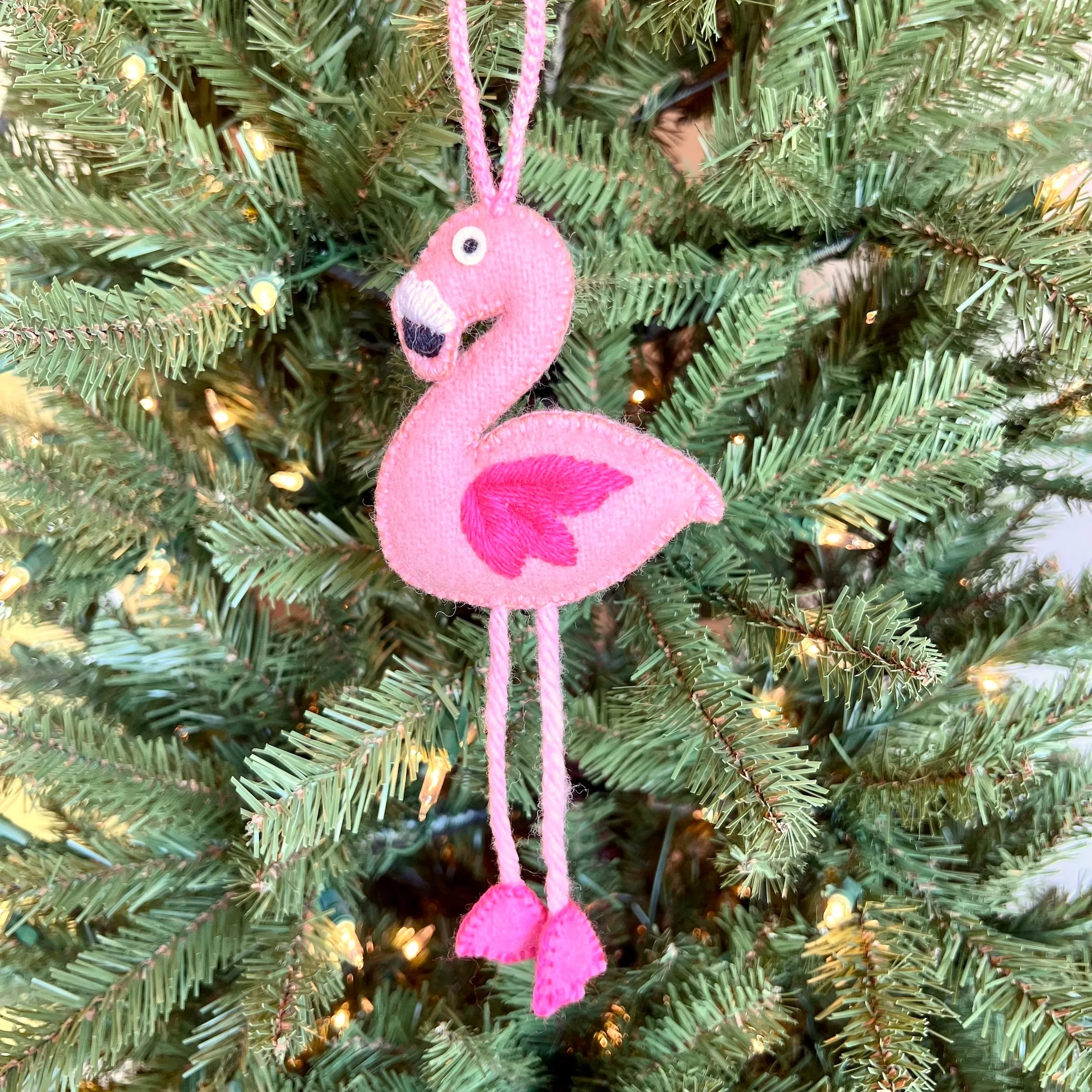 Flamingo Ornament, Embroidered Wool