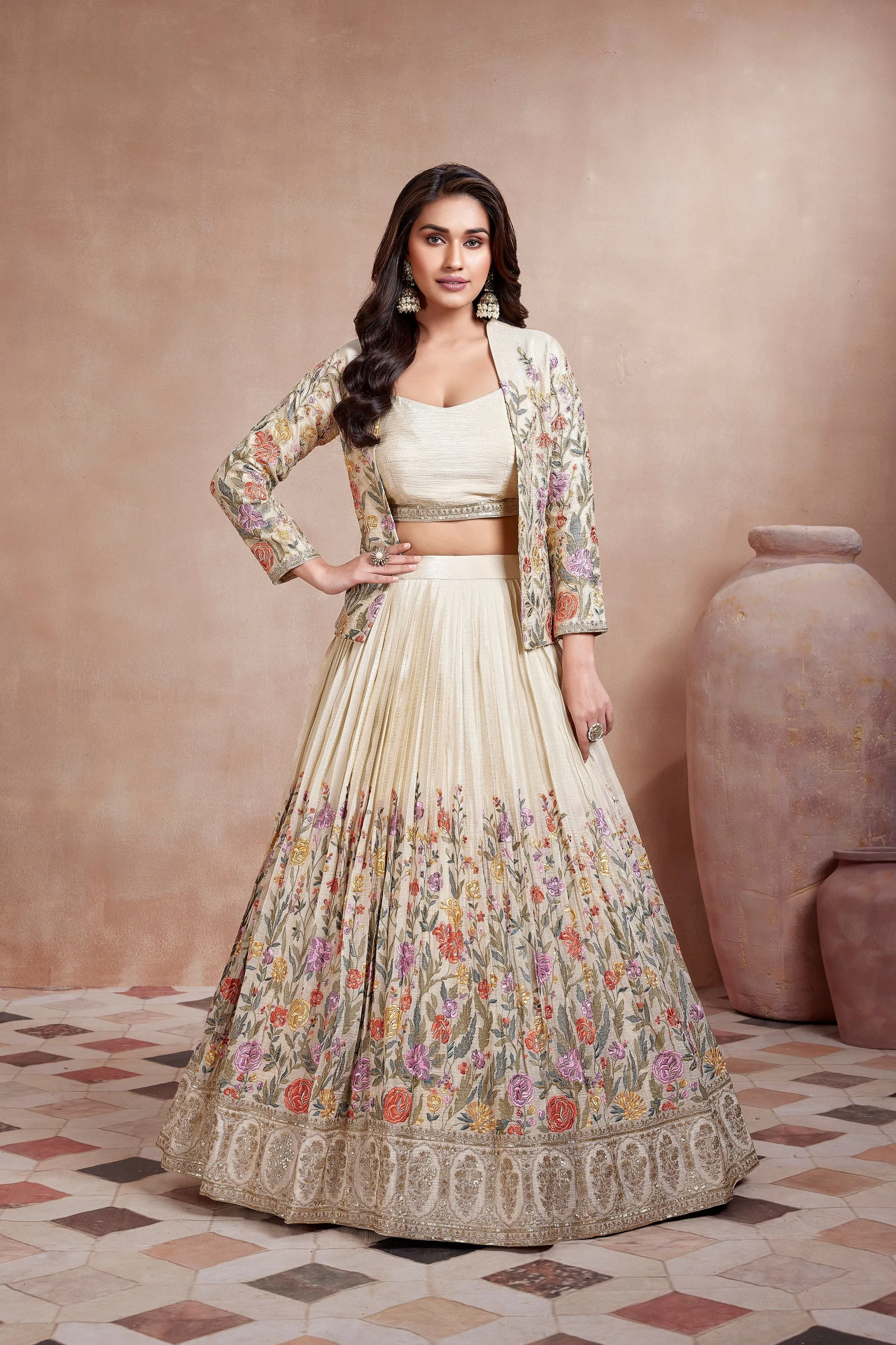 Floral Ivory Embellished Premium Raw Silk Jacket Lehenga Set