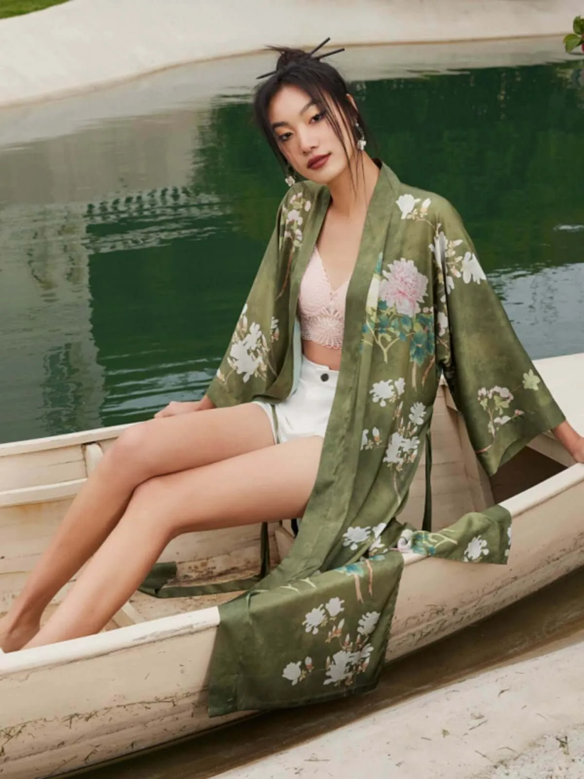 Floral Olive Kimono Robe