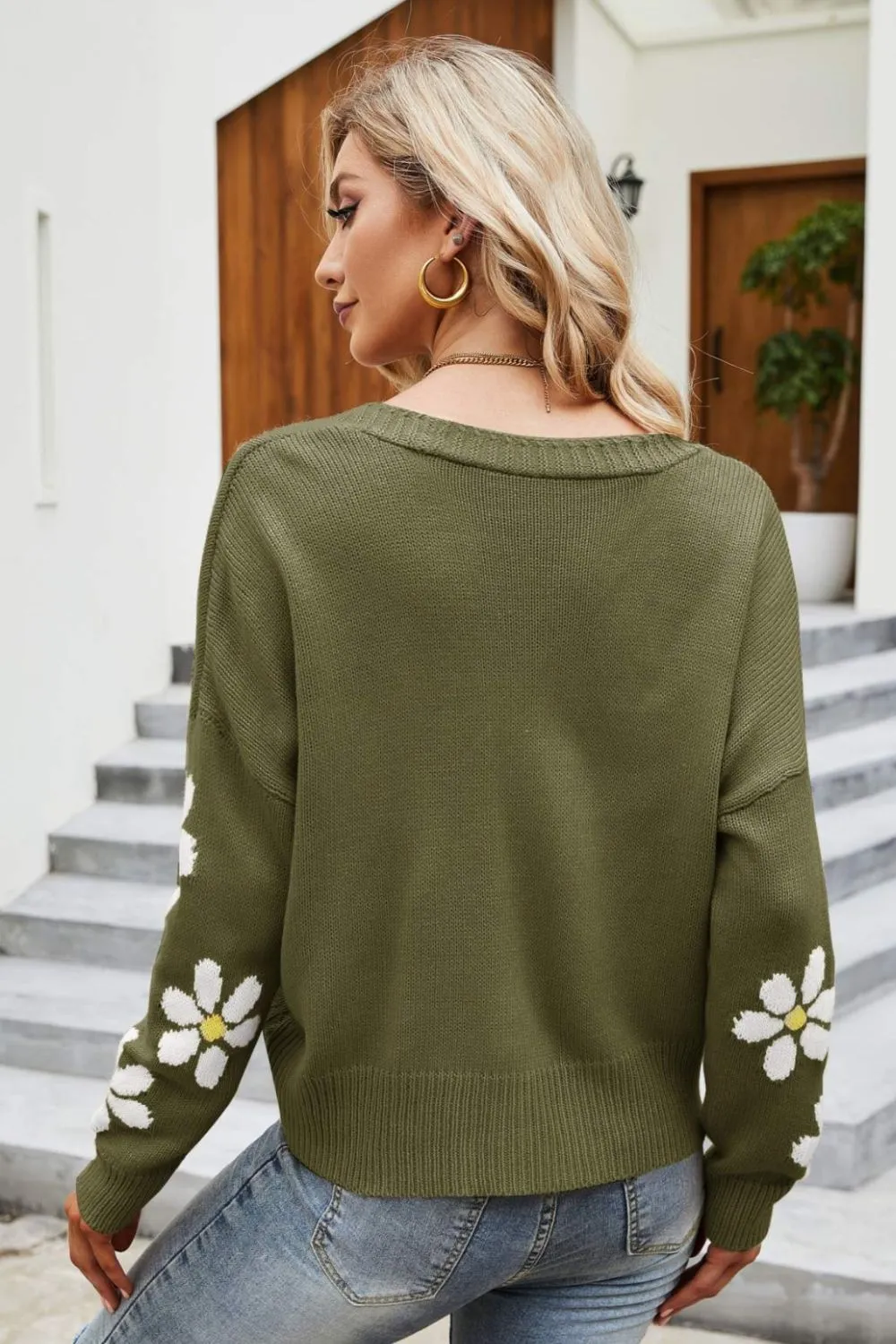 Floral Ribbed Trim Drop Shoulder Cardigan