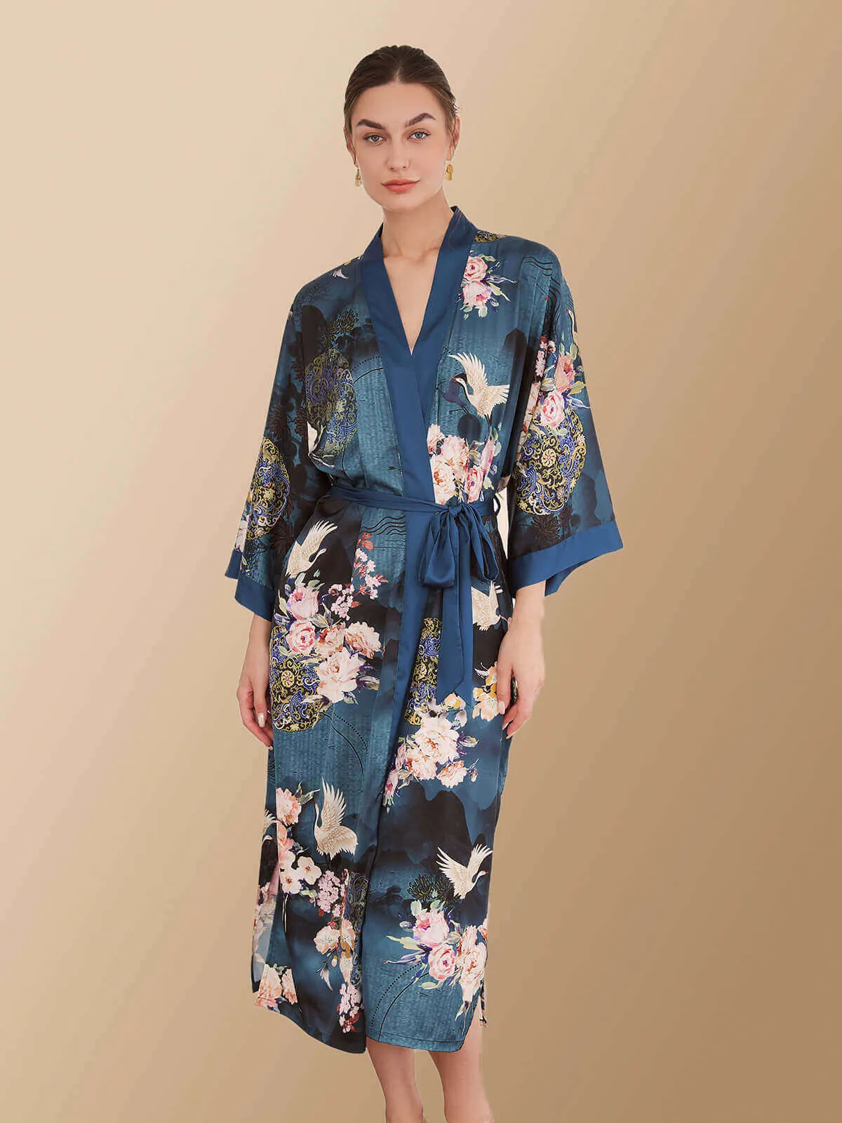 Garden Crane Blue Kimono Robe