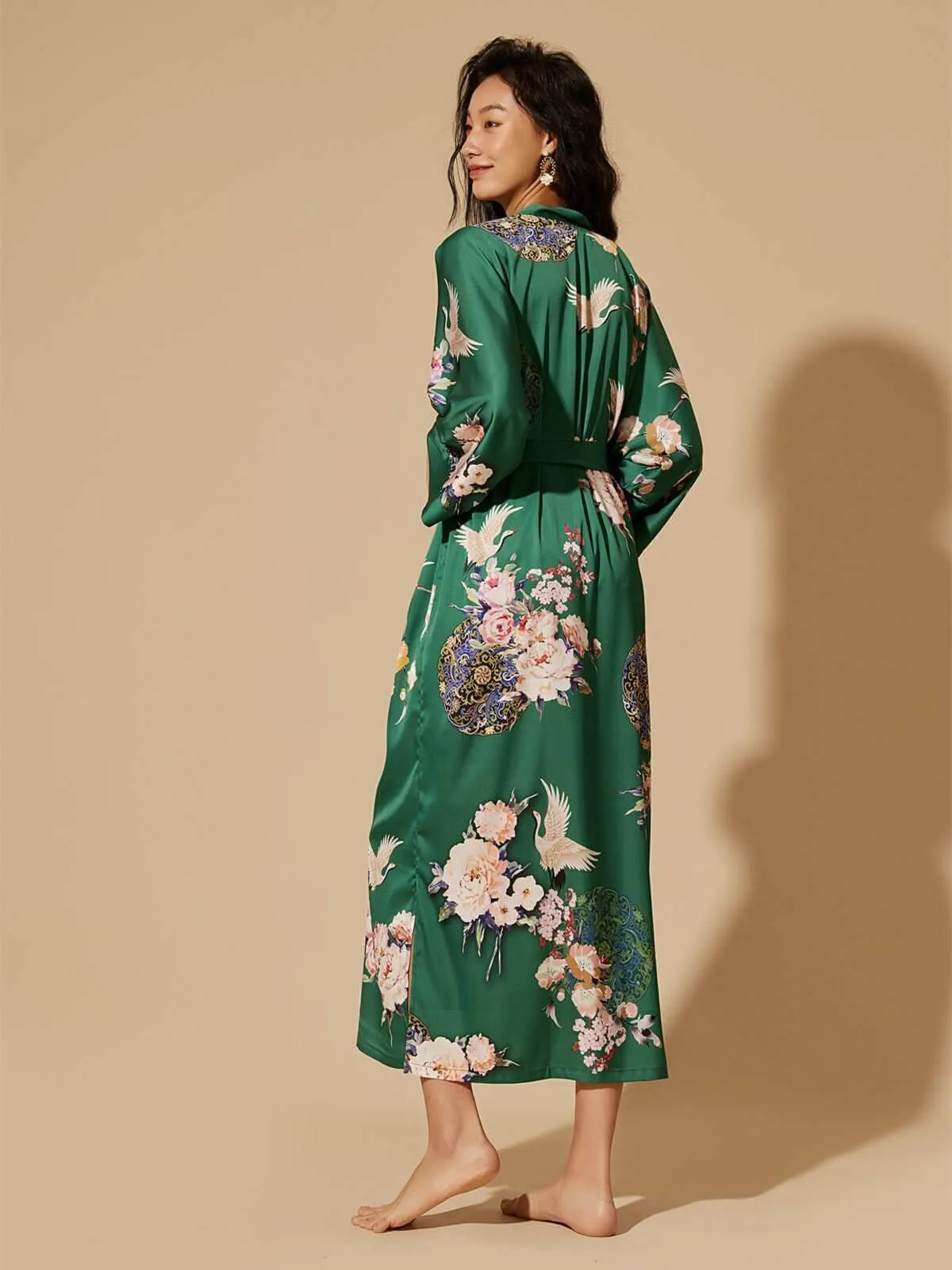 Garden Crane Green Kimono Robe