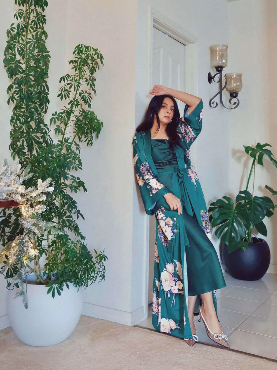 Garden Crane Green Kimono Robe