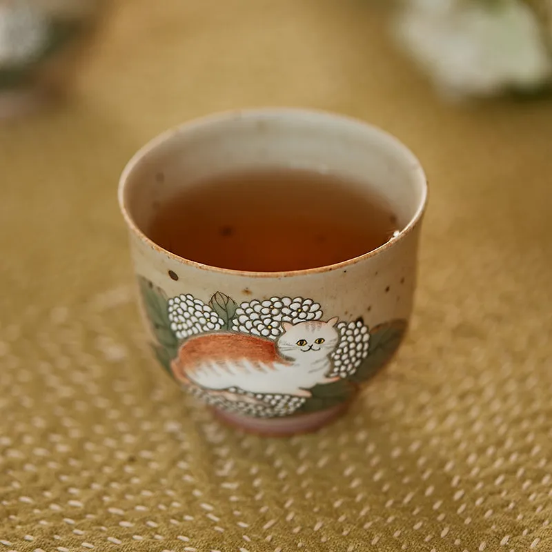 Gohobi Hand-painted Cat Hydrangeas Ceramic Tea Cup