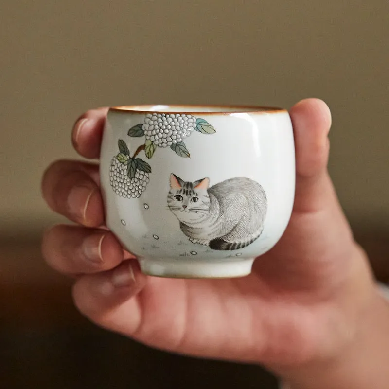 Gohobi Hand-painted Grey Cat Hydrangeas Ceramic Tea Cup