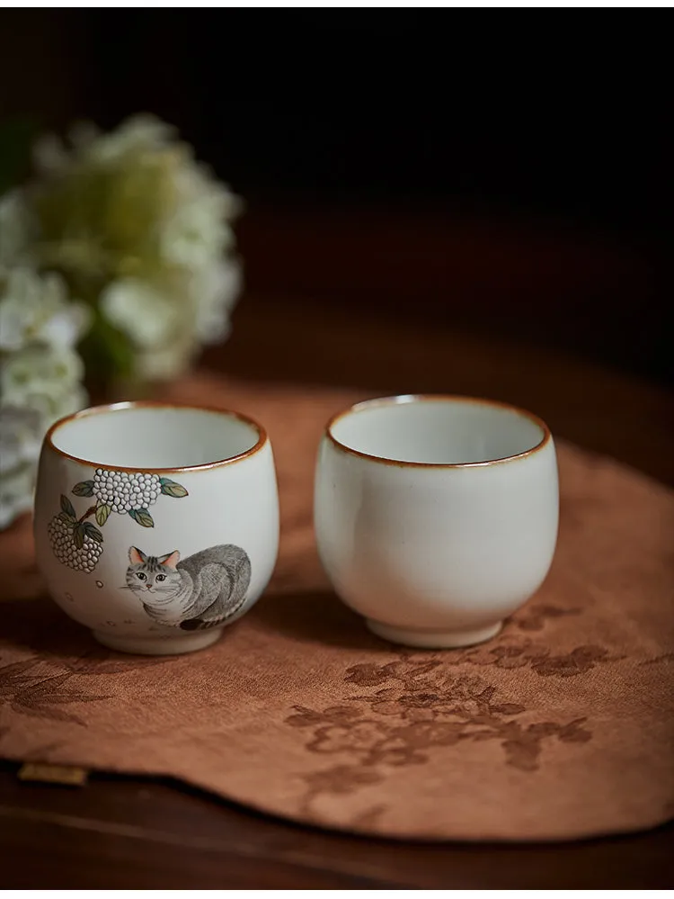 Gohobi Hand-painted Grey Cat Hydrangeas Ceramic Tea Cup