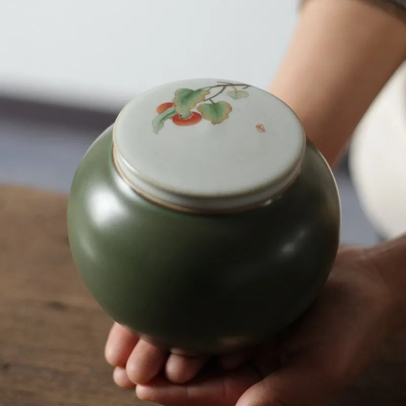 Gohobi Hand-painted Large Ceramic Persimmon Tea Container