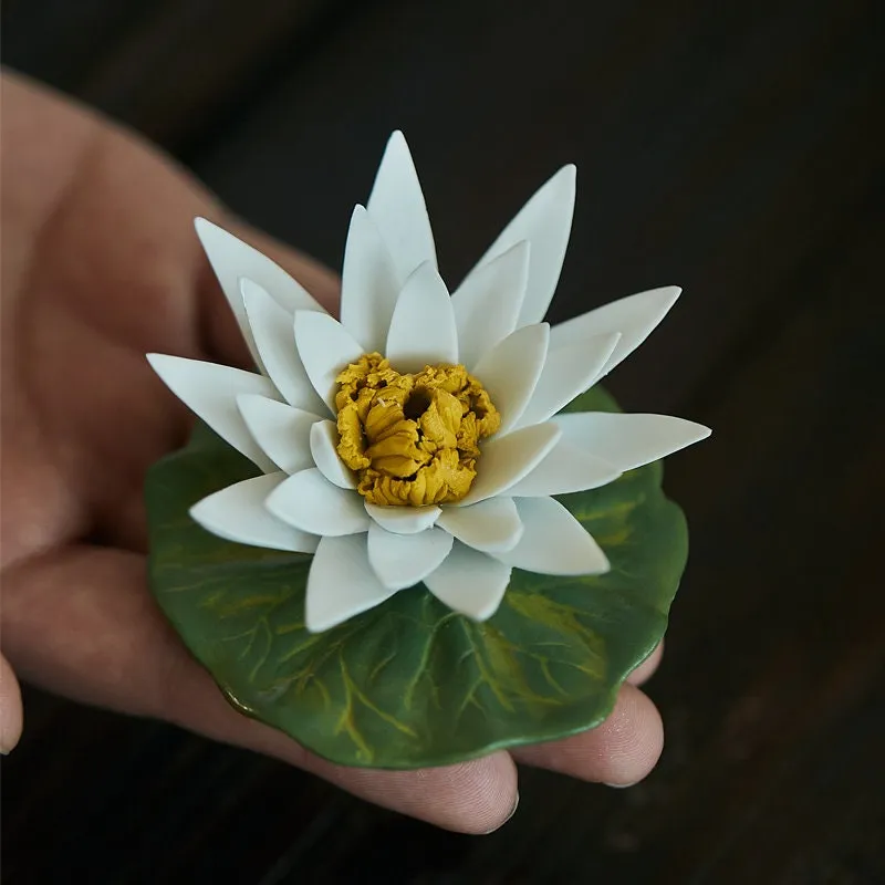 Gohobi Handmade Ceramic White Lotus & White Camellia Incense Holder Ornament