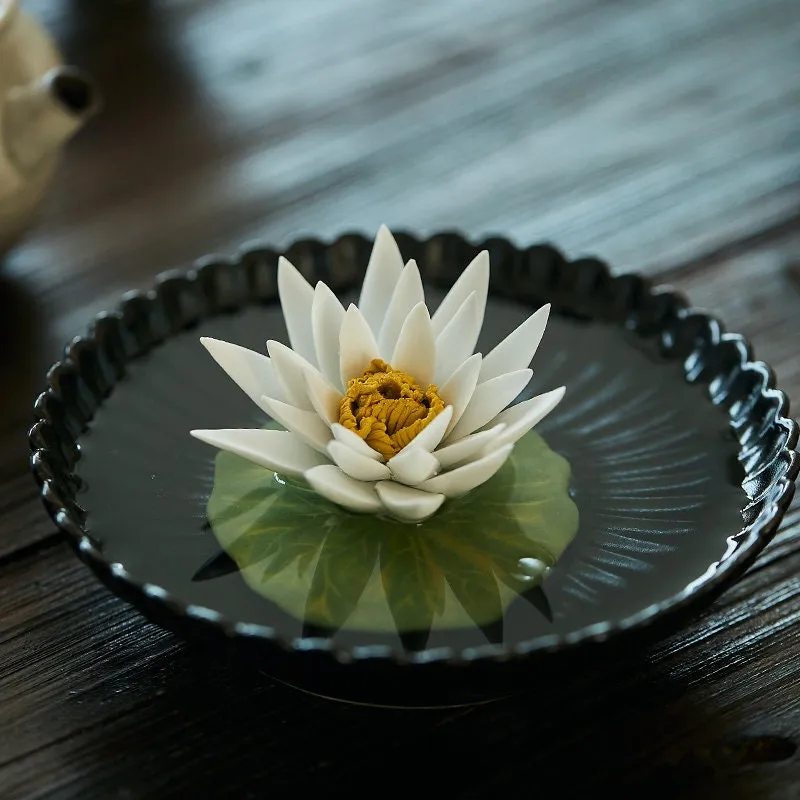 Gohobi Handmade Ceramic White Lotus & White Camellia Incense Holder Ornament