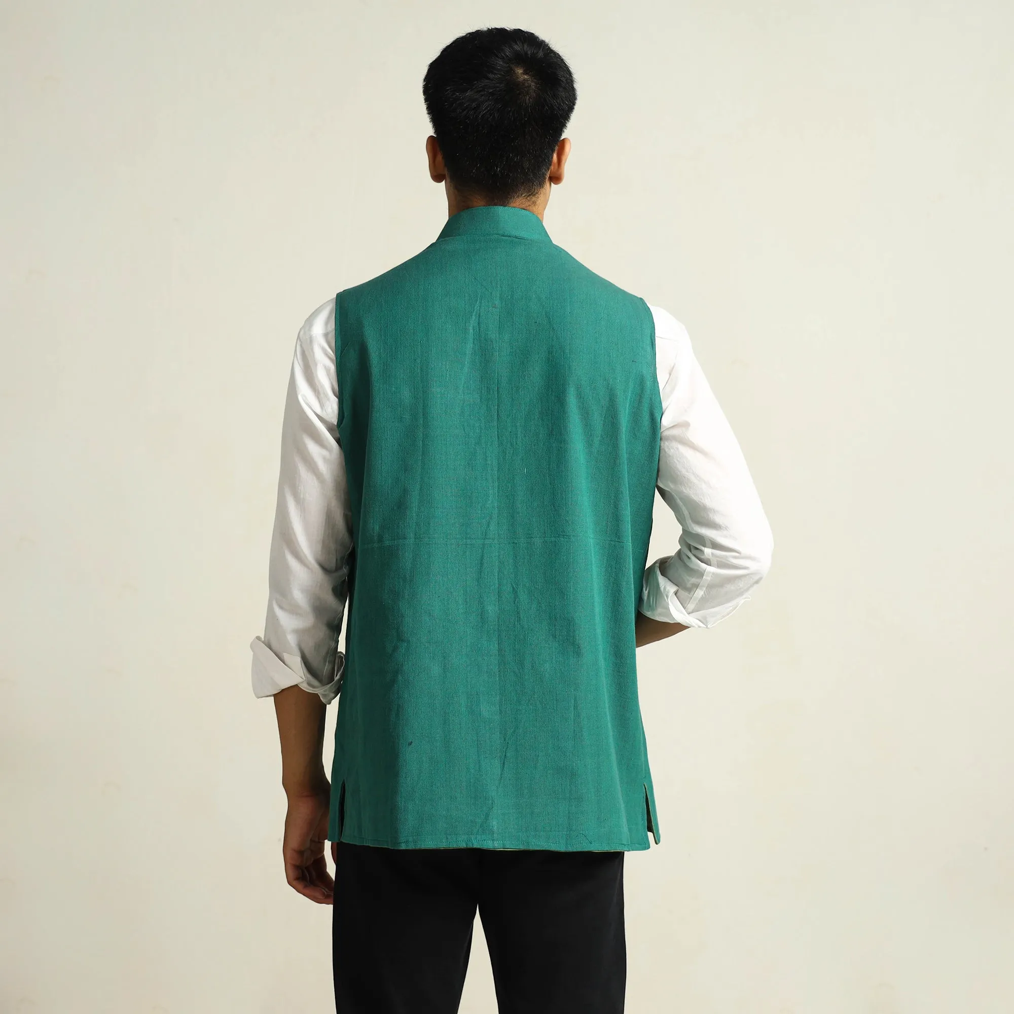 Green - Pure Cotton Handloom Men Nehru Jacket 12