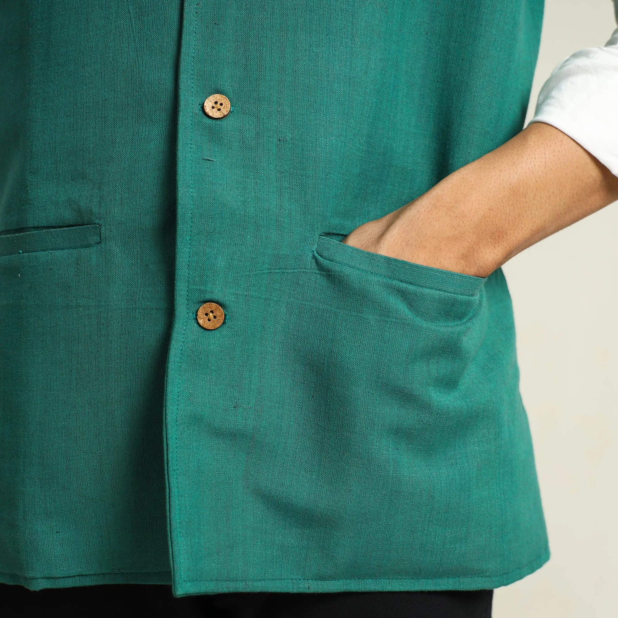 Green - Pure Cotton Handloom Men Nehru Jacket 12