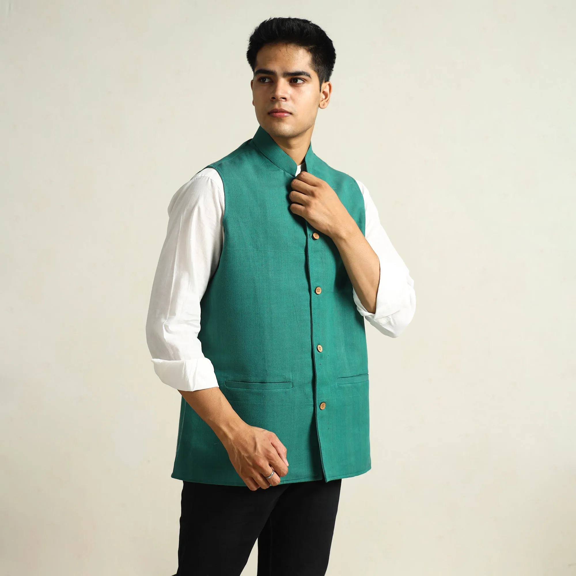 Green - Pure Cotton Handloom Men Nehru Jacket 12