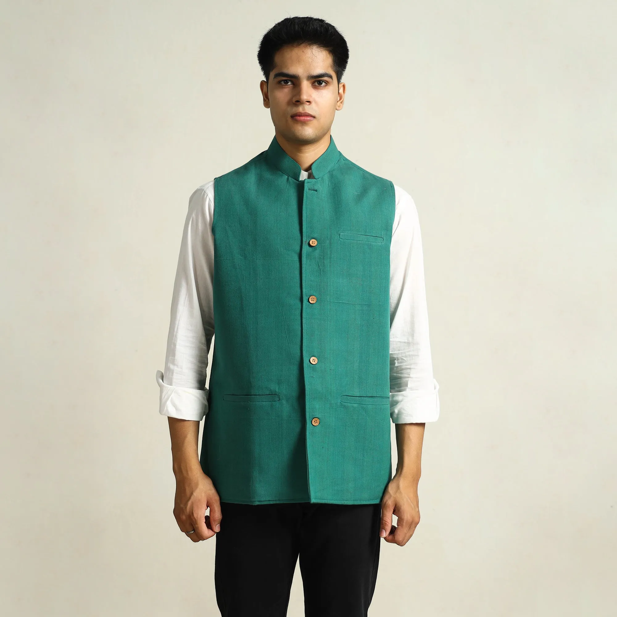 Green - Pure Cotton Handloom Men Nehru Jacket 12