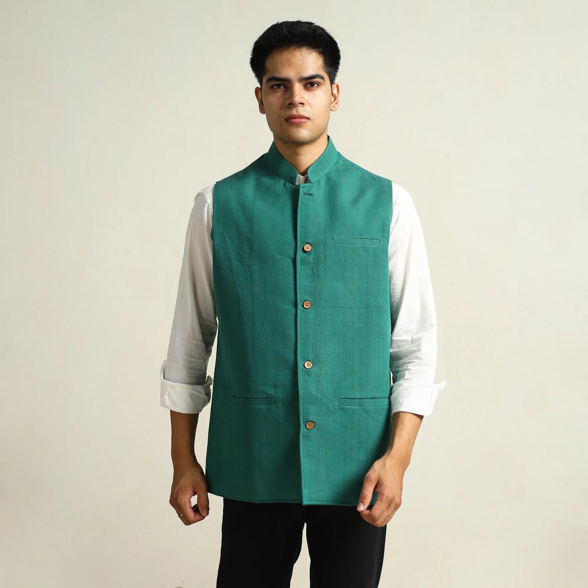 Green - Pure Cotton Handloom Men Nehru Jacket 12