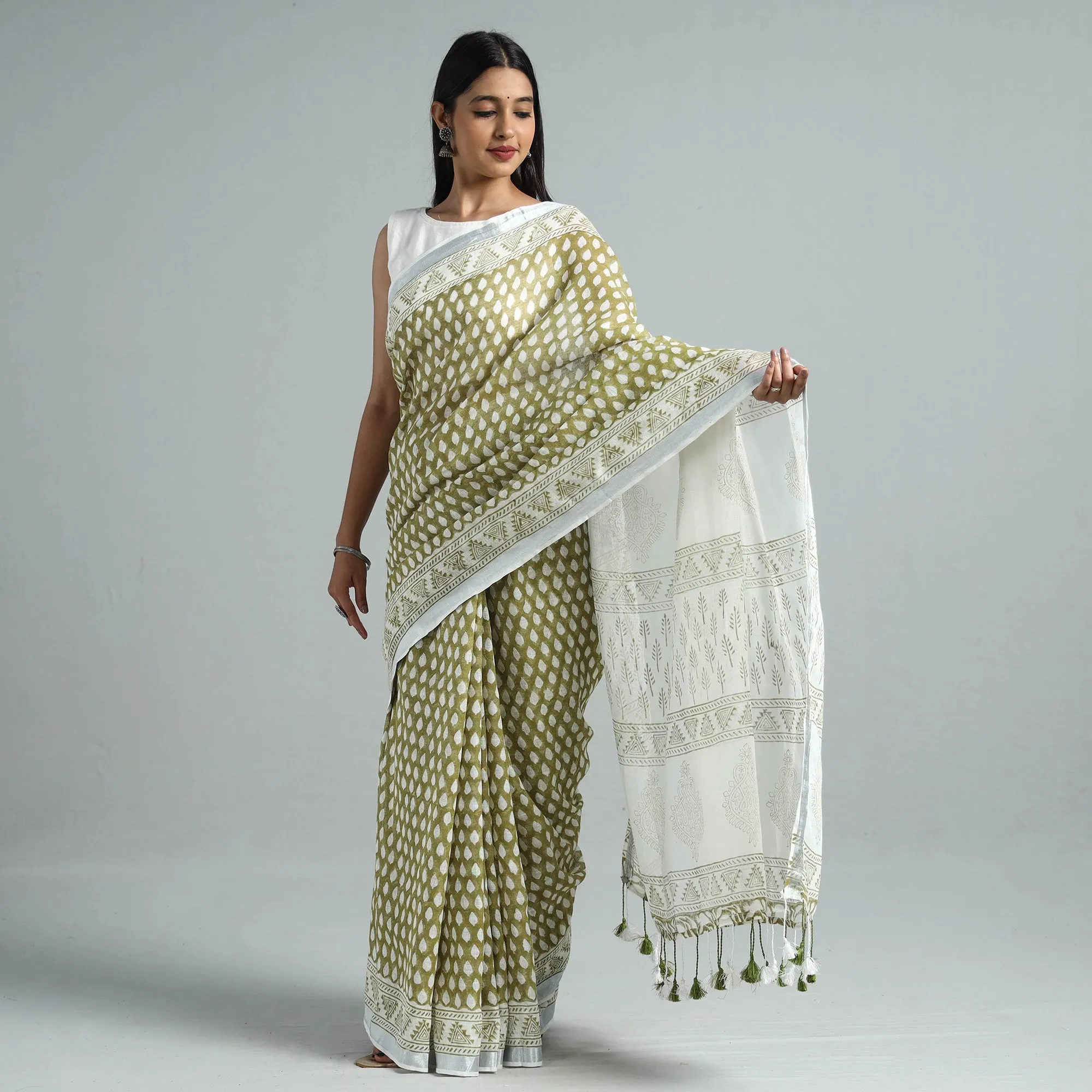 Green - Sanganeri Block Printed Linen Handloom Saree