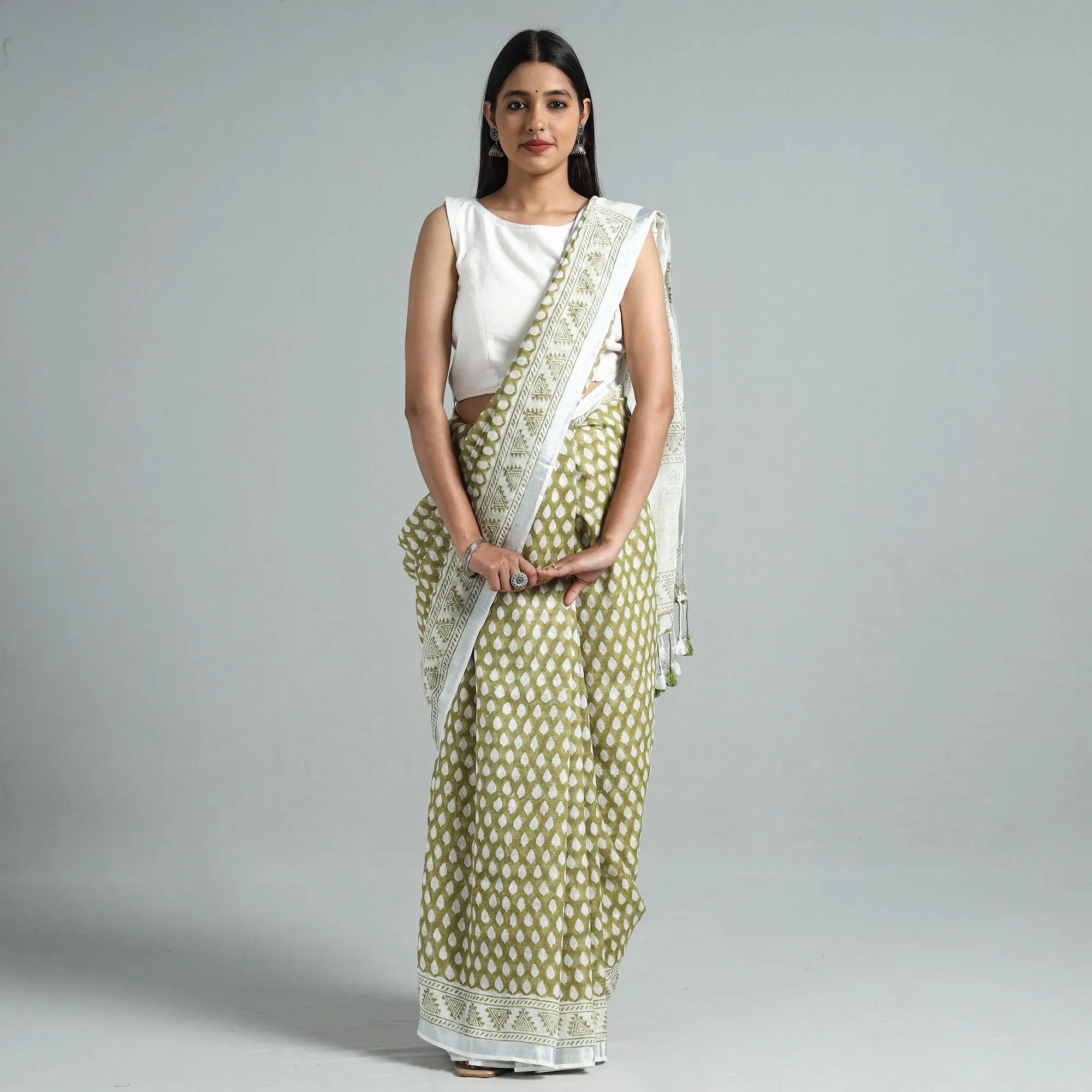 Green - Sanganeri Block Printed Linen Handloom Saree