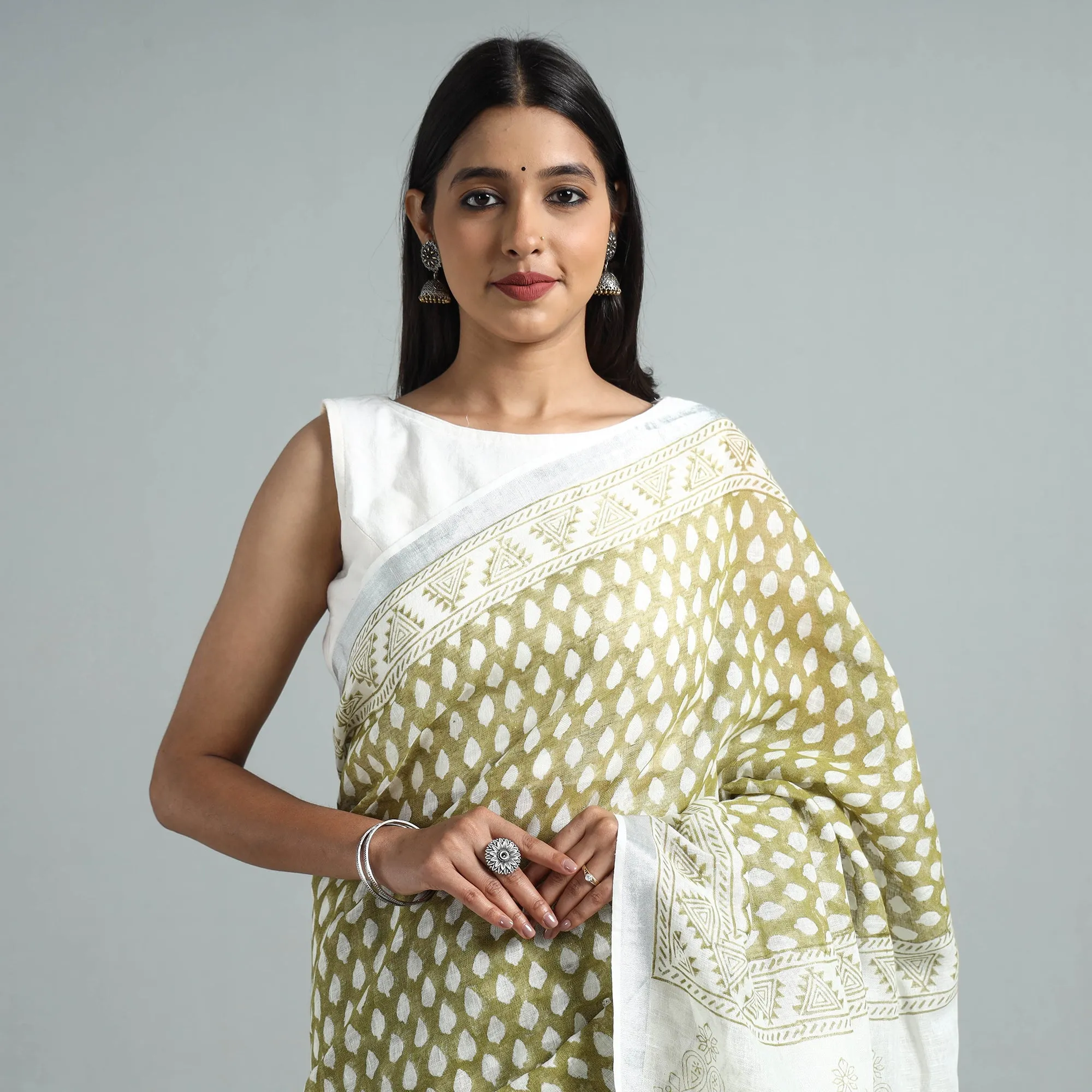 Green - Sanganeri Block Printed Linen Handloom Saree