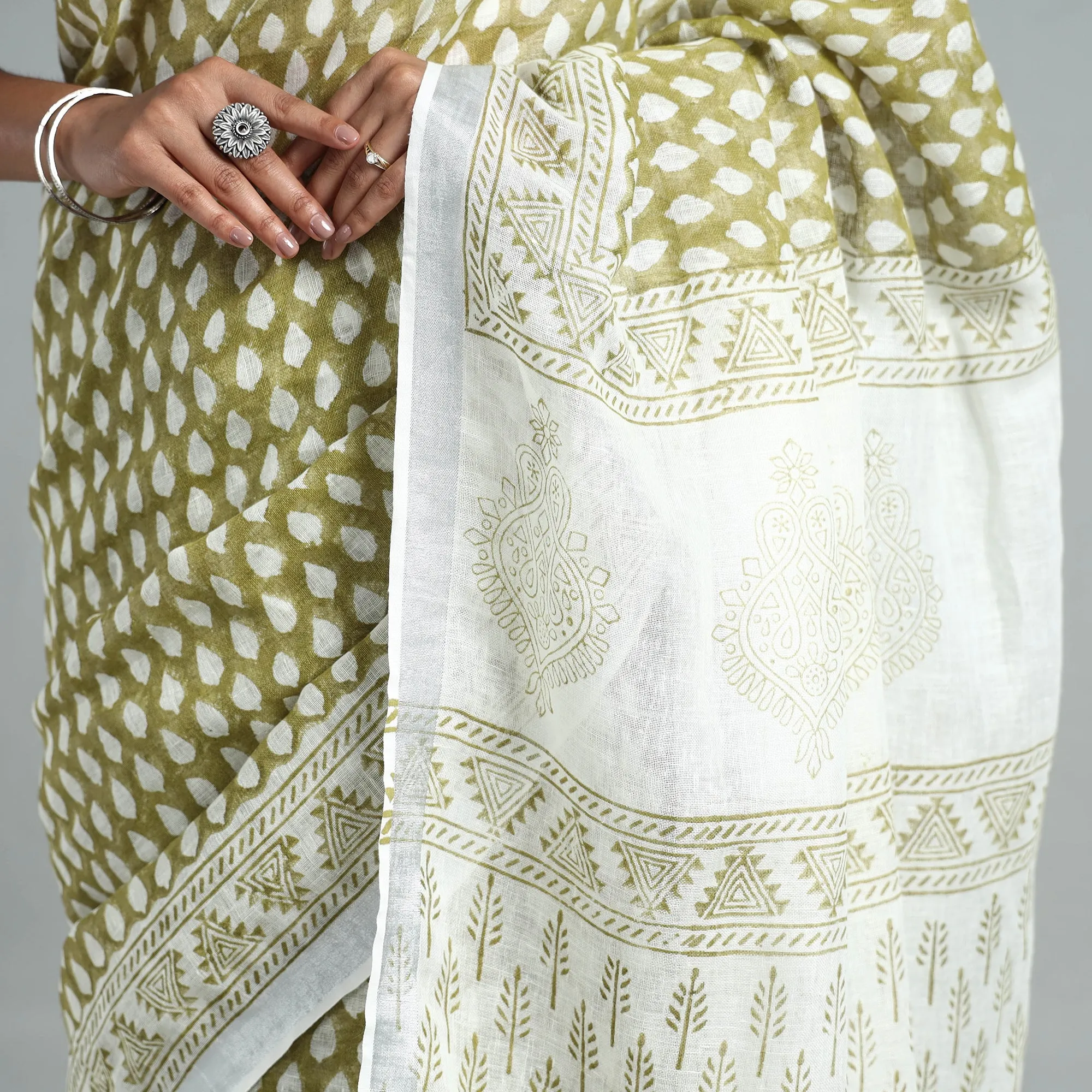 Green - Sanganeri Block Printed Linen Handloom Saree