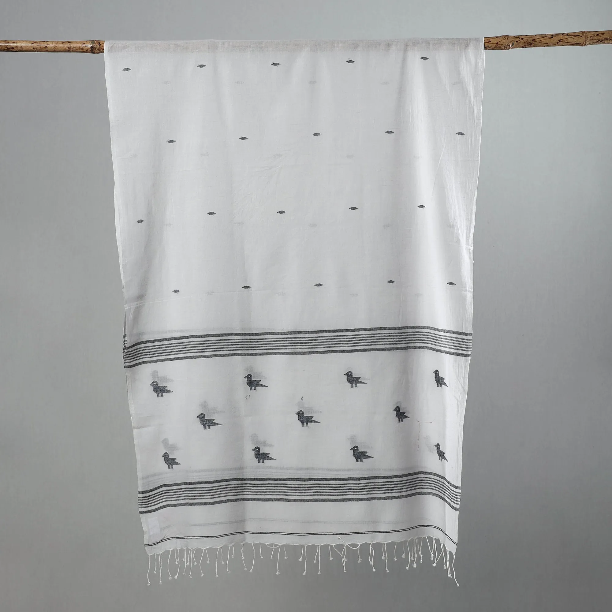 Grey - Pure Cotton Phulia Jamdani Handloom Stole with Tassels 10