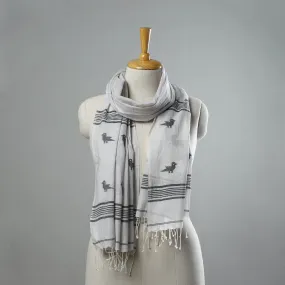 Grey - Pure Cotton Phulia Jamdani Handloom Stole with Tassels 10