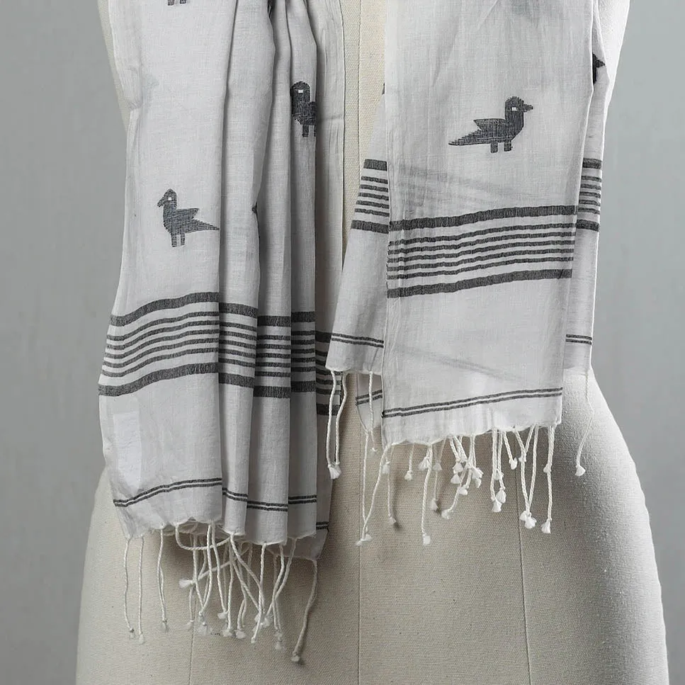 Grey - Pure Cotton Phulia Jamdani Handloom Stole with Tassels 10