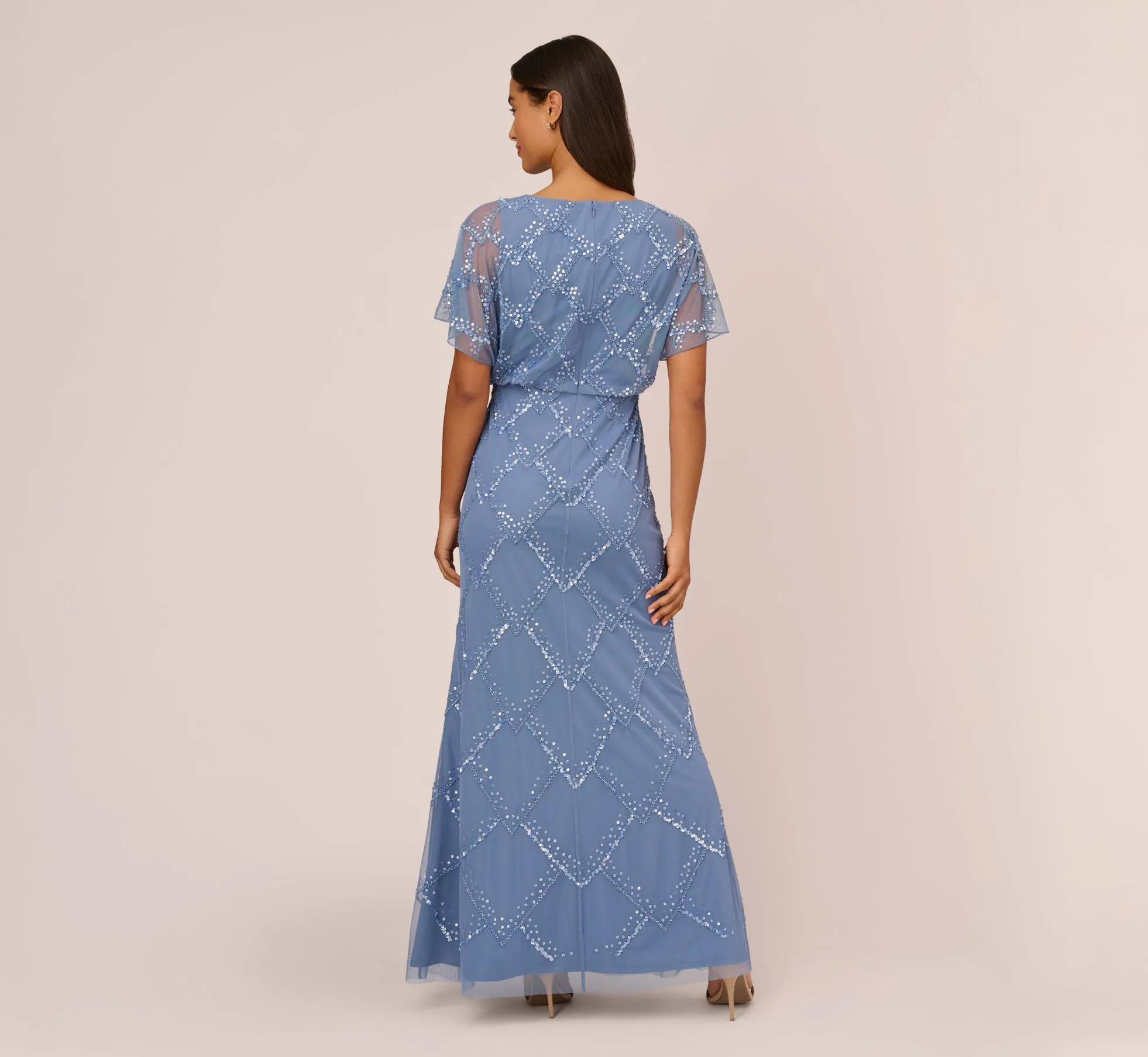 Hand-Beaded Blouson Long Gown With Flutter Sleeves In French Blue