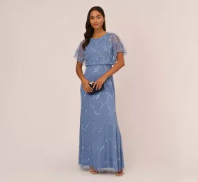 Hand-Beaded Blouson Long Gown With Flutter Sleeves In French Blue