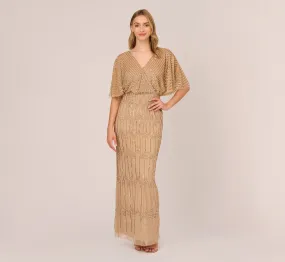 Hand-Beaded Illusion Long Column Blouson Gown In Champagne Gold